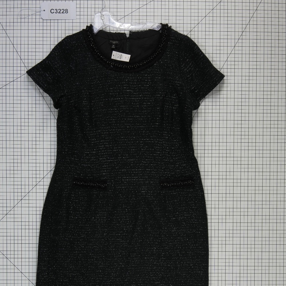 New Talbots Tweed Sheath Dress Women's Size 16P Black Beaded Metallic Sleeve - Picture 7 of 7